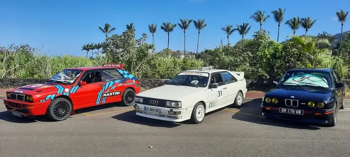 Rassemblement de membres du club autour de voitures de rallye anciennes
